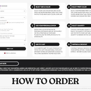 The image is a screenshot of a website's ordering process, showing various steps and options for placing an order.
