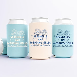Seashells and Wedding Bells Can Coolers, Personalized Bachelorette Can Sleeves, Custom Social Club Bachelorette Party Favors, Can Holder