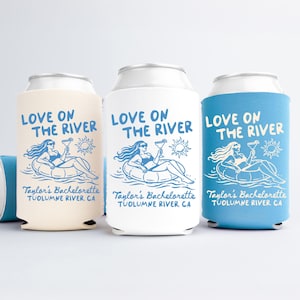 Love On The River Bachelorette Can Cooler - Custom Camp Bachelorette Party Favors - Personalized Cozies in Regular and Slim Size