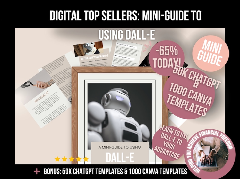 Digital Top Sellers: Mini- Guide to using Dall-E and Dalle3 Prompts PLR Ebook - a mini guide with 9 pages to teach you what and how to use it. Has a cute white robot on the first page.