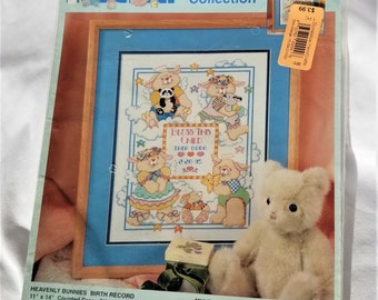 BUCILLA Heavenly Bunnies Birth Record Counted Cross Stitch Kit, NIP, Copyright 1995. Bucilla Baby Collection Number 41047.