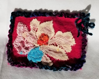 FLOWER Still Life Fiber ACEO Slow Stitched Upcycled. Created on Felted Wool background, reclaimed lace, Yarn scraps all hand stitched .