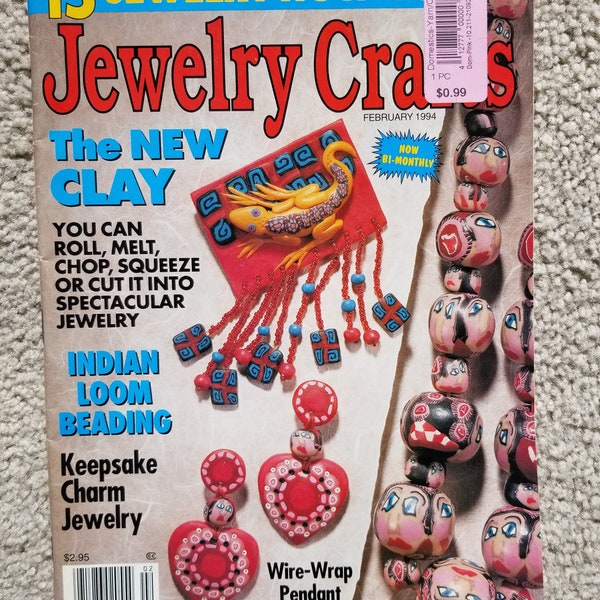 Vintage Jewelry Crafts Magazine February 1994 has tutorials on Indian Loom Beading, Wire Wrapping and Clay Jewelry.  Nice clean magazine.
