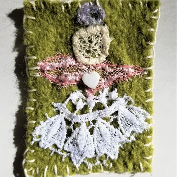 Folk Art Angel ACEO Mixed Media with Felted Wool background, Lace Angel and Yarn Halo.