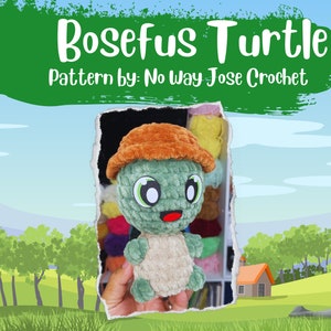 May include: A crocheted turtle toy with a green body, brown shell, and orange hat. The toy has large, black eyes and a red mouth. The toy is being held by a hand in front of a green and blue background.