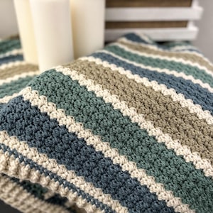 May include: A handmade crochet blanket with a striped pattern in shades of blue, green, beige, and white. The blanket has a textured appearance and is folded, showcasing the detailed stitch work. The cozy blanket is perfect for home decor.