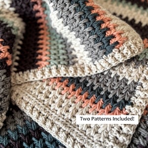 May include: Close-up of a handmade crochet blanket with a textured stitch pattern. The blanket features a color block design in shades of gray, teal, peach, and cream. The text "Two Patterns Included!" is visible.