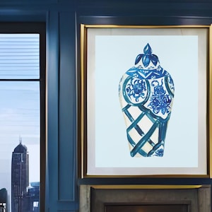 Chinoiserie Wandbild, Ingwerglas Poster, blau-weißer Vasendruck, Aquarell Chinoiserien, blauer Gartenvasendruck, Blumenvase Print