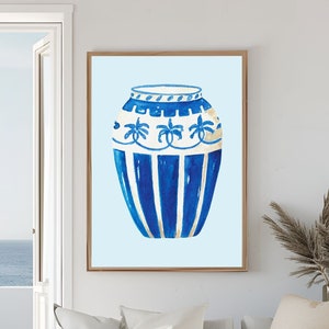 Arte de pared chinoiserie, estampado de jarrón azul y blanco, chinoiserie de acuarela azul, estampado de jarrón de jardín azul, decoración de casa de playa, cartel de jarrón a rayas