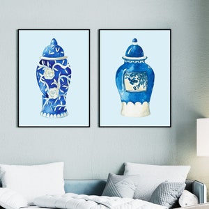 Chinoiserie Wandkunst, 2er-Set Ginger Jars Poster, Blaue und weiße Vasen Drucke, blaue Aquarell Chinoiserie, Blumenvasen Drucke.