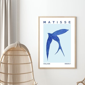 Arte da parete uccello blu Matisse, stampa acquerello, opera d'arte minimalista di uccelli, colori pop, poster di arredamento per la scuola materna, arredamento della casa sul lago, decorazione del cottage