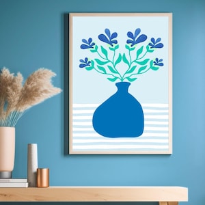 Impresión de jarrón de flores azules, póster de flores abstractas de color azul verdoso, impresión de mesa y jarrón con rayas azules, decoración del hogar costero, impresión de cabaña minimalista