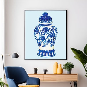 Chinoiserie-Wandkunst, Ingwerglas-Poster, blau-weißer Vasendruck, blaue Aquarell-Chinoiserie, blaue Rosen-Vasendruck, florale Chinoiserie