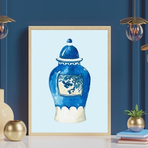 Chinoiserie-Wandkunst, Ingwerglas-Poster, Schwalben-Wandkunst, blau-weißer Vasendruck, blaue Aquarell-Chinoiserie, orientalischer Vasendruck,