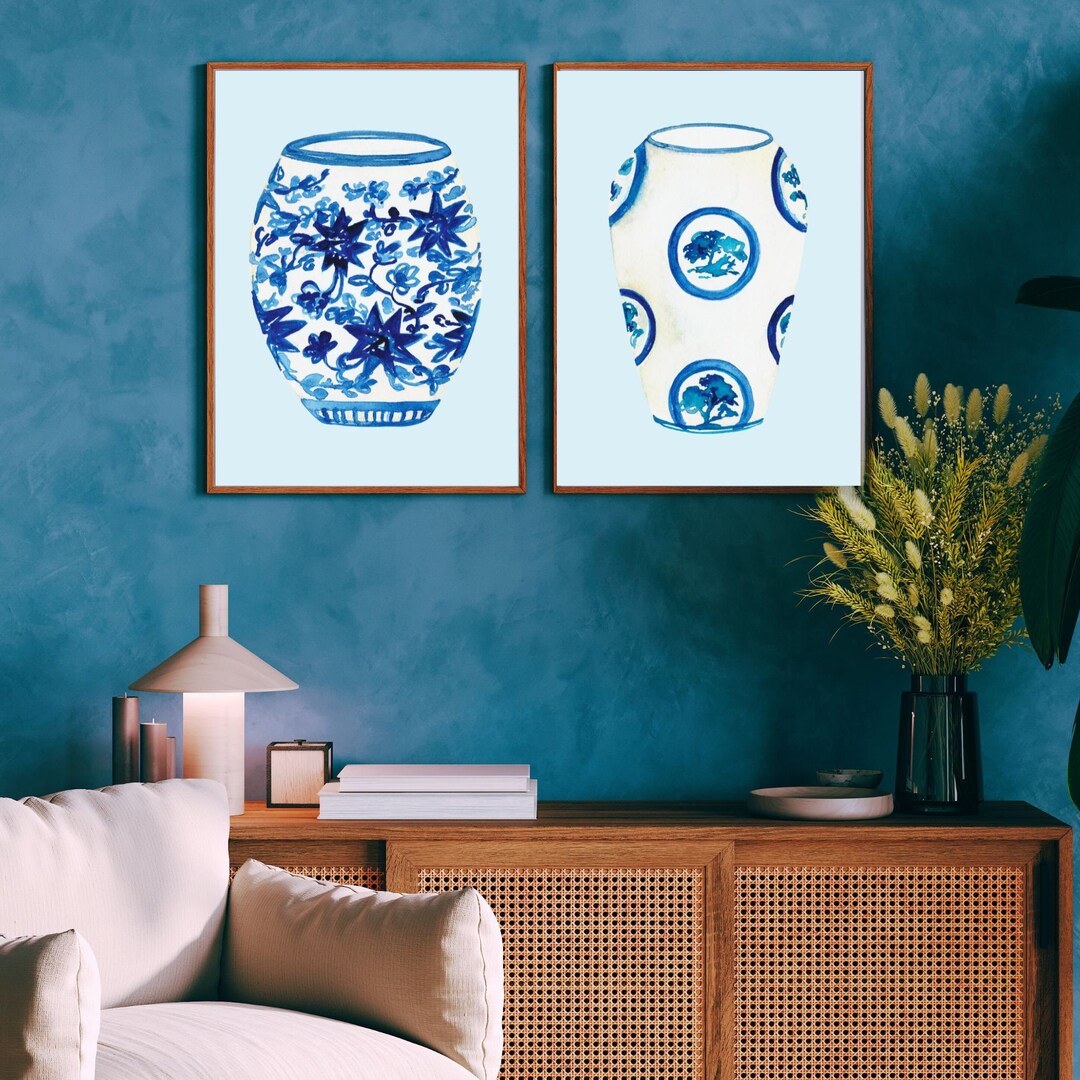 Chinoiserie Wall Art, Set of 2 Chinoiserie Posters, Blue and White Jars ...