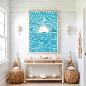 Impresión de puesta de sol bohemia, impresión abstracta de sol y mar, póster de ondas turquesas, arte de pared azul verde, decoración de casa de playa, decoración costera retro