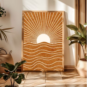 Boho Poster Sonnenuntergang, Orange Poster, Braunes Retro Wandbild, Abstrakte Sonne und Meer Poster, 70er Jahre Poster, Geschenk für Retro Mädchen, Herbst Herbst Dekor.