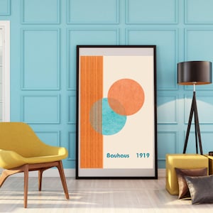 Cartel de la Bauhaus, círculos geométricos y líneas de arte de pared, impresión moderna de mediados de siglo, impresión retro, arte naranja y turquesa de los años 70, decoración de la Bauhaus