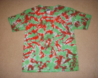 YM tie dye t-shirt, red and green, youth medium 10-12