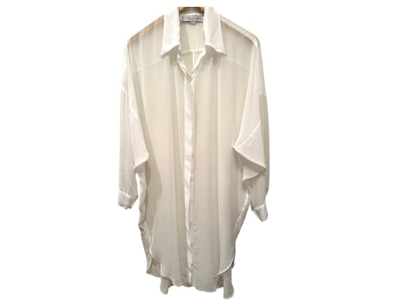 Norma Kamali, Vintage Norma Kamali Sheer White Oversized Shirt Dress Top M | 80s 90s Minimalist Button Down Blouse | Side Vent Tunic Cover Placket
