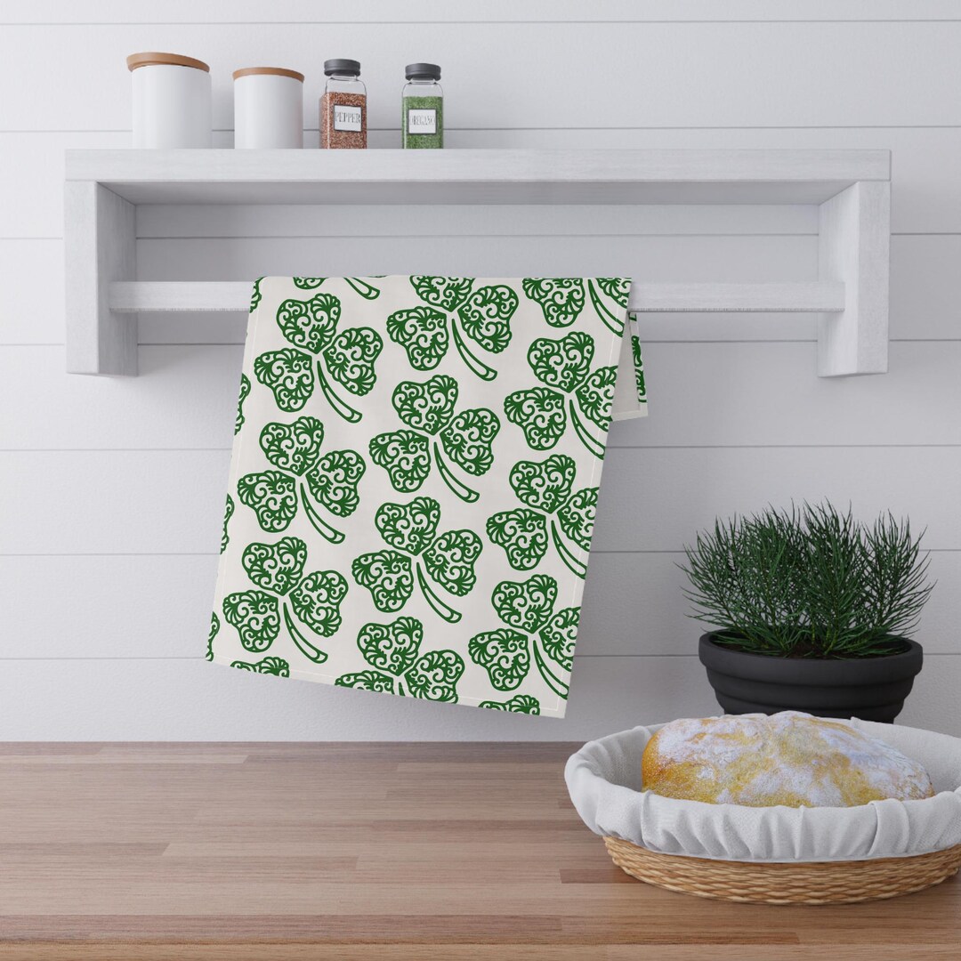 JarThenaAMCS St. Patrick's Day Hand Towels (2-Pack) - Green Shamrock Embroidered Cotton Bathroom/Kitchen Towels, 29.5" X 13.7"