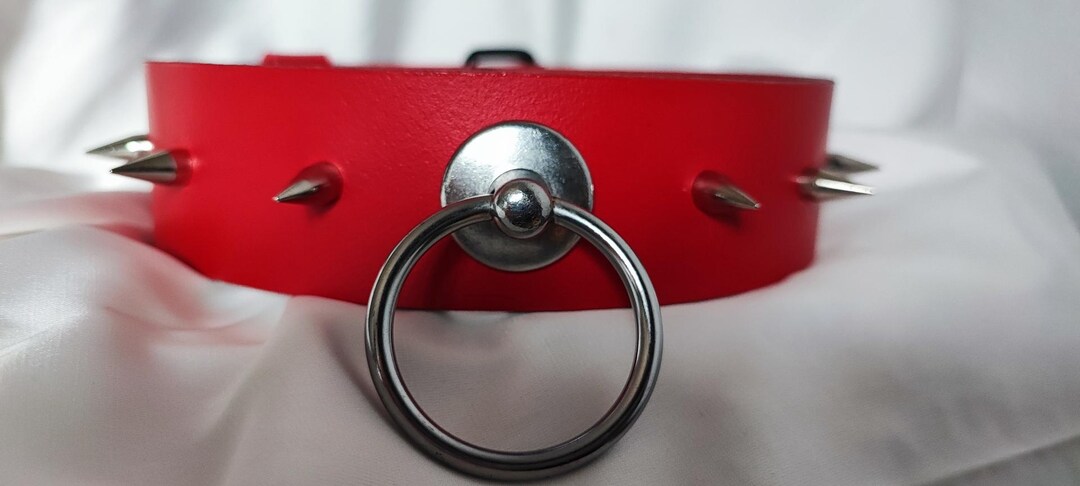Submissive Chocker in Red With Silver O-ring and Spikes, BDSM Collar ...