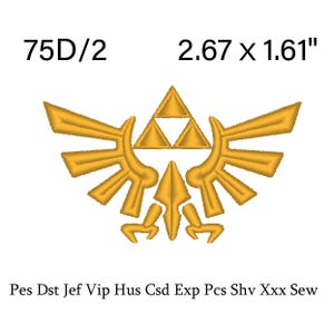 以下が含まれることがあります： 金色の刺繍デザイン、6.78 x 4.09 cm、三角形と翼のある様式化された紋章が特徴です。「75D/2」の文字がデザインの上にあります。デザインの下には「Pes Dst Jef Vip Hus Csd Exp Pcs Shv Xxx Sew」の文字があります。