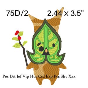 May include: An embroidered patch featuring a cartoon character with a leaf-shaped mask and a sprig of red berries. The patch is approximately 2.44 x 3.5 inches in size. The design includes the text "75D/2" and various file format abbreviations.