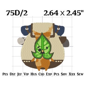 May include: Embroidered design of a brown and tan character with a green leaf on its chest. The character is wearing a blue backpack and brown boots. The design is 2.64 inches by 2.45 inches.