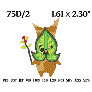 以下が含まれることがあります： 葉っぱのマスクをしたキャラクターが赤い実のついた棒を持っている、緑と茶色の刺繍デザイン。デザインは1.61インチ×2.30インチです。