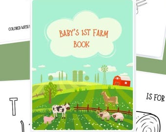 Libro para colorear de la granja ABC para baby shower, animales de granja, equipo, libro de visitas, imprimible y descarga instantánea, tamaños de 5 x 7 pulgadas o 8,5 x 11 pulgadas