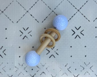 Golf-Themed Baby Rattle • wooden baby toys • wood rattle with golf balls • baby shower gift • natural baby toy • baby photo prop