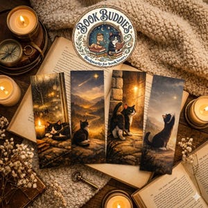 May include: Four rectangular bookmarks featuring illustrations of black and white cats in various settings, including a rainy window, a mountain landscape, a stone archway, and a starry night, with a circular logo reading Book Buddies.