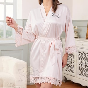 Personalized Bridesmaid Robe with Lace Trim, Satin Wedding Robe for Bridal Party, Custom Name Robe for Bride Maid of Honor Gift
