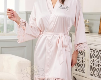 Personalized Bridesmaid Robe with Lace Trim, Satin Wedding Robe for Bridal Party, Custom Name Robe for Bride Maid of Honor Gift
