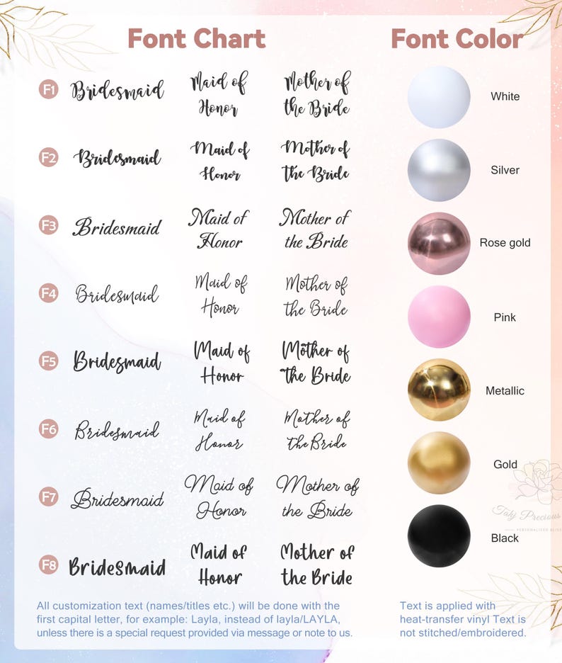 Puede incluir: Un gr&aacute;fico que muestra diferentes estilos de fuente para los t&iacute;tulos de dama de honor, madrina y madre de la novia. El gr&aacute;fico tambi&eacute;n muestra diferentes colores de fuente: blanco, plateado, oro rosa, rosa, met&aacute;lico, dorado y negro.