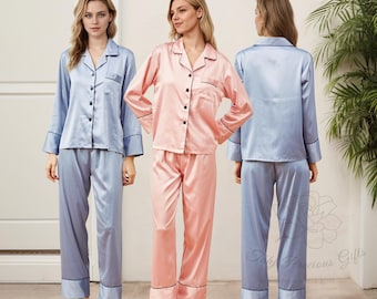 Bridesmaid Pajama Set, Custom Long Satin Bride Pajamas, Bridal Party Pajamas, Maid of Honor Gifts