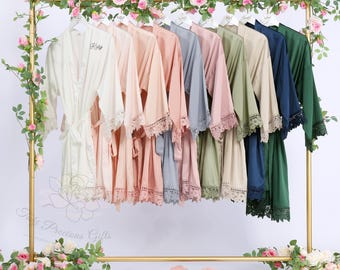 Bridesmaid Proposal Robes, Personalized Satin Robes with Lace, Elegant Gifts for Wedding Party Getting Ready Photos