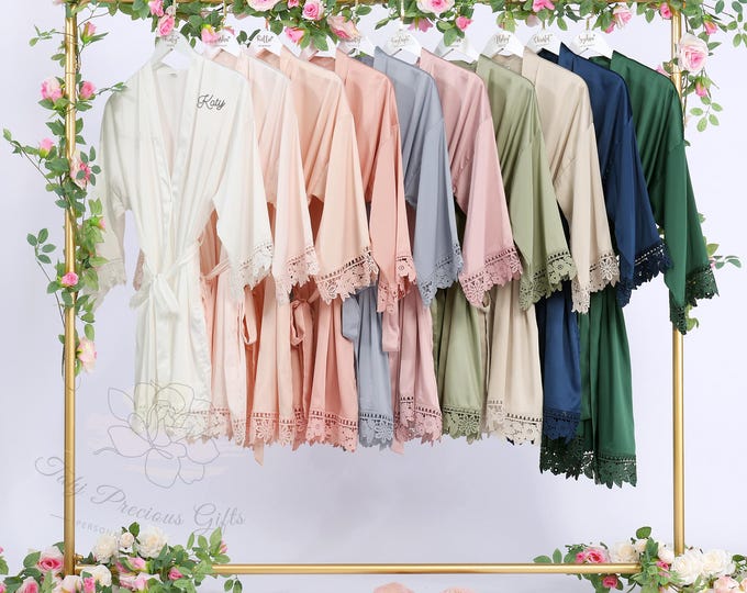 Bridesmaid Proposal Robes, Personalized Satin Robes with Lace, Elegant Gifts for Wedding Party Getting Ready Photos