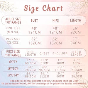 May include: A size chart for robes and clothing, with measurements in inches and centimeters. The chart includes adult and kids sizes, detailing bust, hip, length, chest, shoulder, and sleeve measurements. Text on the chart reads "Size Chart" and "Taky Precious Gifts."