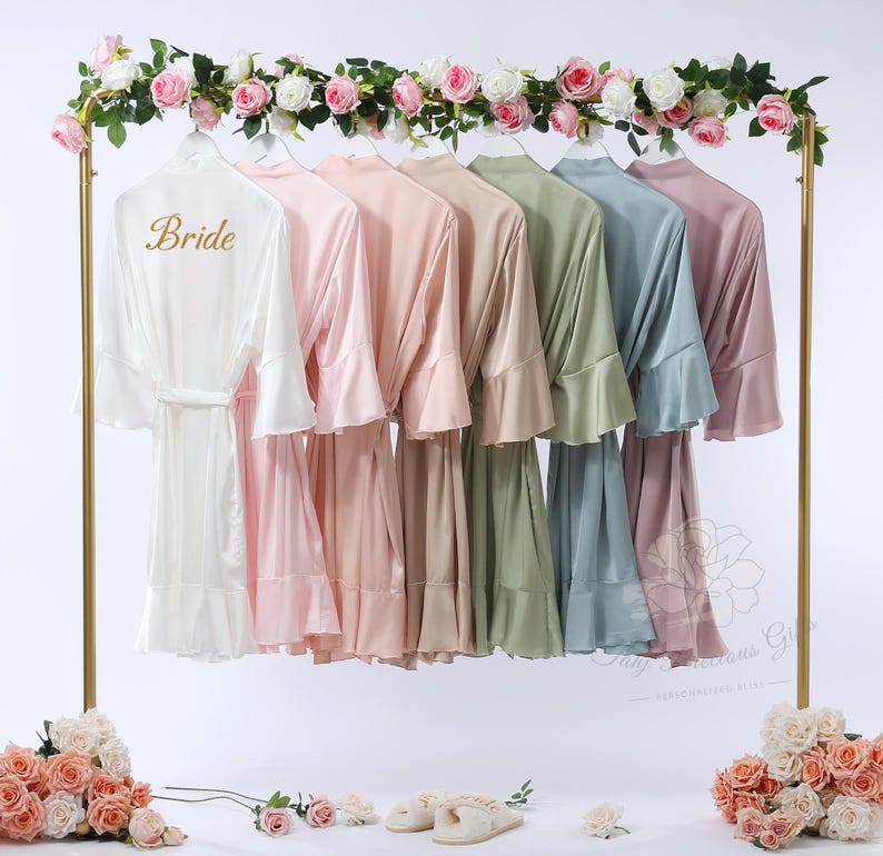 Decorated Robe Satin Ruffle Sleeve Robe for Wedding Morning, Custom Bride and Maid of ...