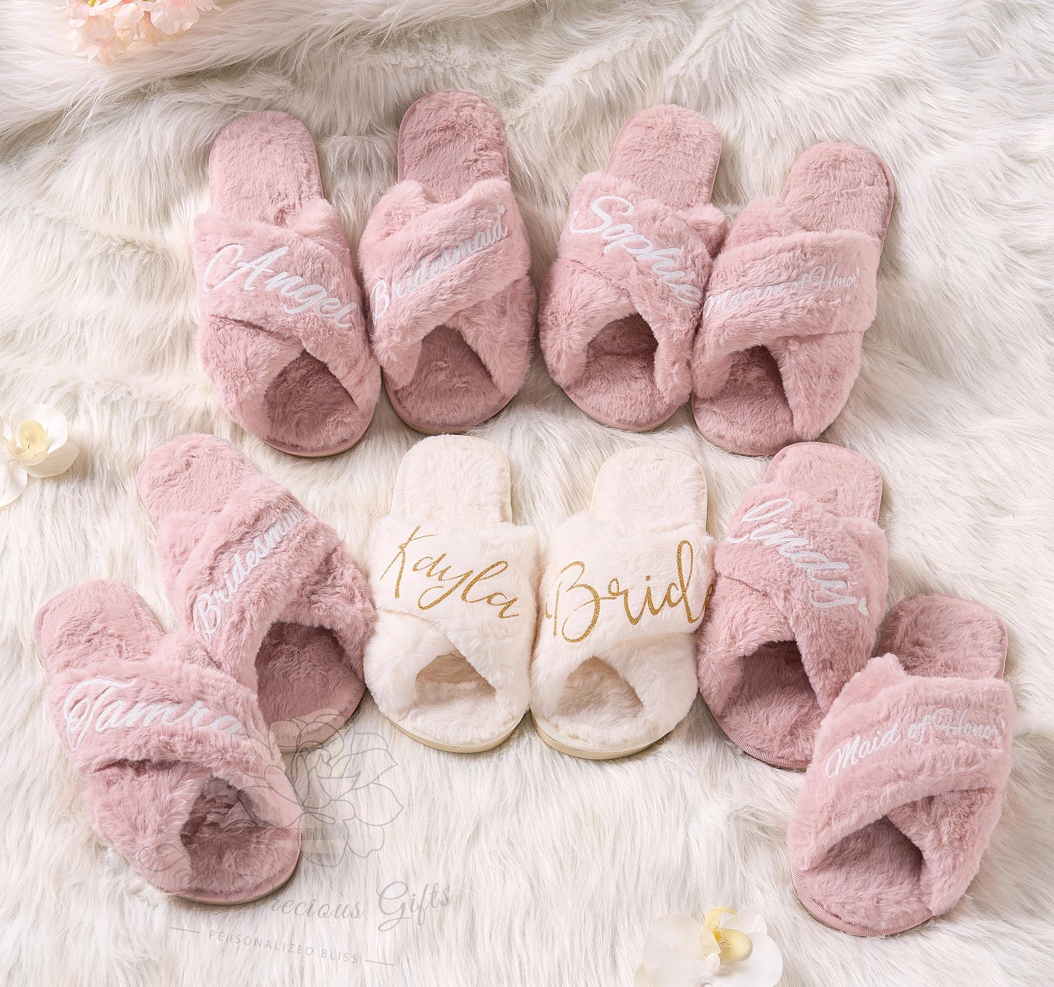 Personalized Fluffy Cross Slippers, Bridal Party Gifts