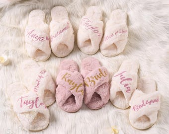 Personalized Fluffy Wedding Slippers Bride & Bridesmaids, Mrs Fluffy Slippers, Spa Getting Ready Morning Gift