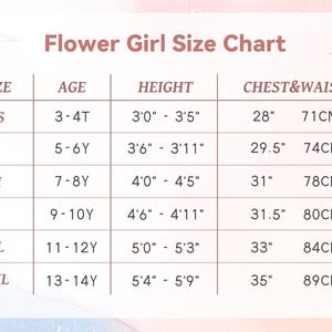 Puede incluir: Tabla de tallas para ni&ntilde;a de las flores con edad, altura y medidas de pecho y cintura en pulgadas y cent&iacute;metros. Las tallas van de XS a XXL.