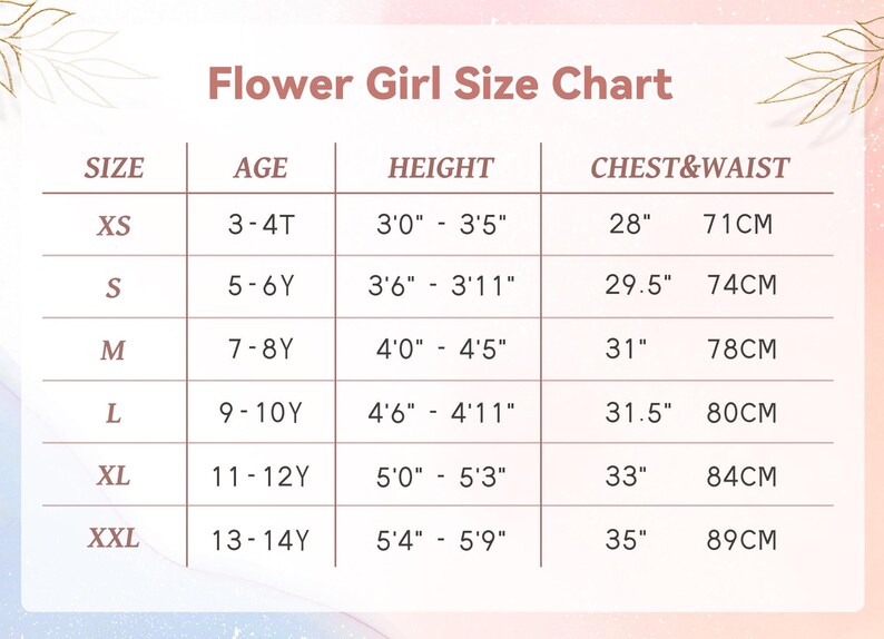 Puede incluir: Tabla de tallas para ni&ntilde;a de las flores con edad, altura y medidas de pecho y cintura en pulgadas y cent&iacute;metros. Las tallas van de XS a XXL.
