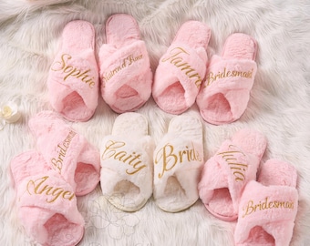 Custom Fluffy Cross slippers, Personalized Bridesmaids Slippers, Bridal Shower Gift, Bridesmaid Gift, Fluffy Slippers