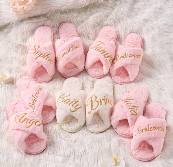 Custom Fluffy Cross slippers, Personalized Bridesmaids Slippers, Bridal Shower Gift, Bridesmaid Gift, Fluffy Slippers