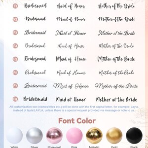 May include: A chart with a pink background and gold accents shows different font options for bridesmaid, maid of honor, and mother of the bride. The chart also shows different font colors: white, silver, rose gold, pink, metallic, gold, and black.