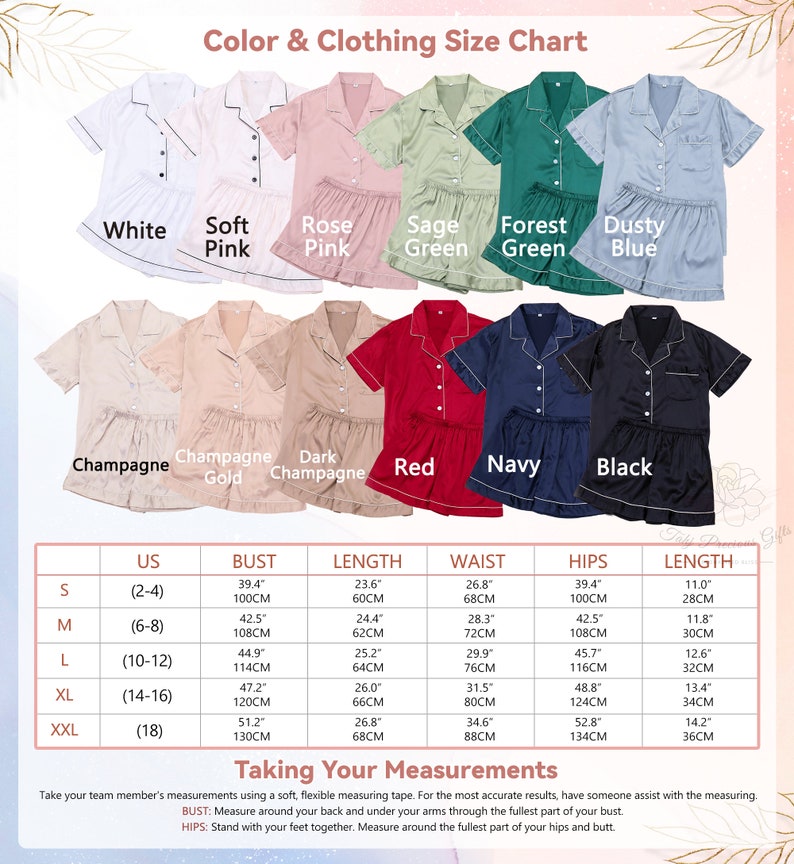 May include: Size chart for women's pajamas in various colors, including white, soft pink, rose pink, sage green, forest green, dusty blue, champagne, champagne gold, dark champagne, red, navy, and black. The chart shows US sizes, bust, length, waist, hips, and length measurements in inches and centimeters.