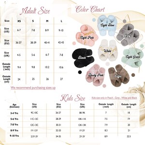 May include: A chart displaying adult and kids' slipper sizes in US, EU, and UK measurements, with outsole lengths in inches and centimeters. The color chart shows slippers in light blue, light pink, grey, black, white, light green, dusty pink, and coffee.